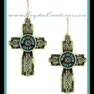 Fancy Box Cross Earrings w/Faux WIN 38SPL Bullet Patina