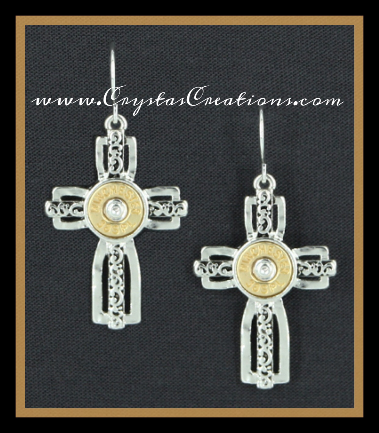 Fancy Box Cross Earrings w/Faux WIN 38SPL Bullet SP/GP